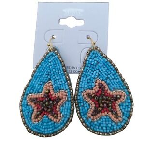 Icon Collection Beaded Starfish Teardrop Earrings Blue Coral Gold NWT